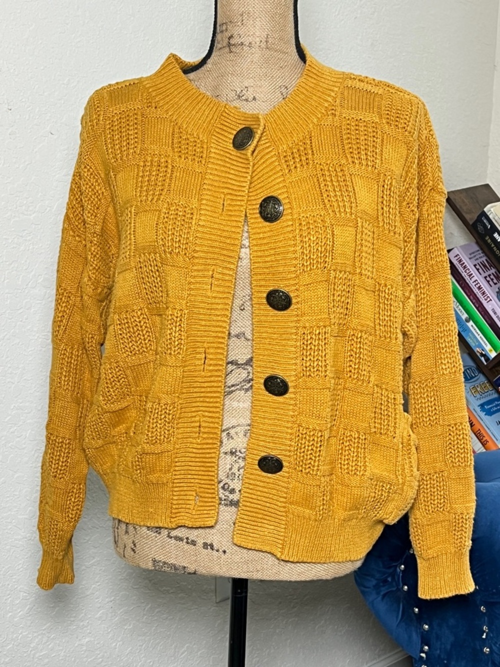 Mustard Yellow Button-Front Women’s Textured Knit Sweater